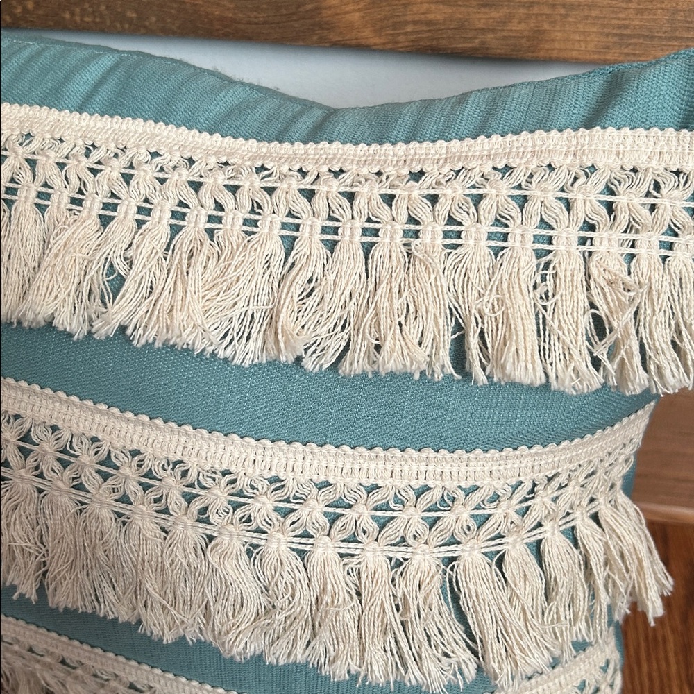 Boho Teal and Cream Decorative Pillow with Fringe 18x13 inches Crochet Lace - Picture 2 of 9
